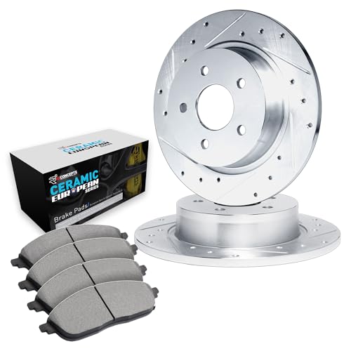 R1 Concepts Rear Brakes and Rotors| Drilled Slotted Brake Rotors| Rear Euro Ceramic Brake Pads and Rotors Kit| Brake Kit| Automotive Replacement Brake Kits
