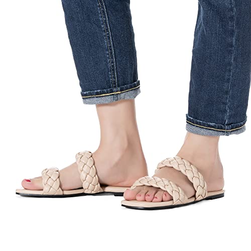 Image of Mtzyoa Women Flat Sandals Raffia Braided Summer Straw Dressy Casual Vacation Bohemian Cute Beach Comfy Slip On Slides