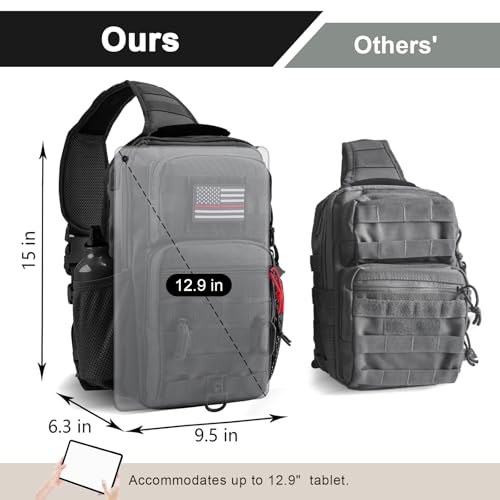 Image of Rover Sling Pack Tactical Shoulder Sling Bag Backpack with Bottle Holder Crossbody Chest Bag, Black with Red Rope /Patch