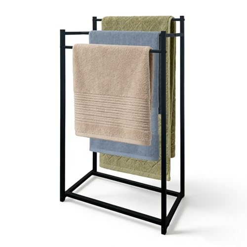AJIEQAQ Handtuchhalter Freistehend Schwarz - Handtuchständer ohne Bohren mit 3 Stangen, Verstärkte Konstruktion, Rostfreier Badetuchhalter Platzsparend für Badezimmer & Gäste-WC