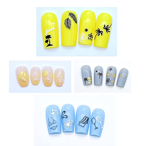Summer Coconut Palm Tree Beach Leaf Flower Nail Art Decal Stickers 3D Self Adhesive Black White Laser Gold Silver Colors Summer Nail Decoration Decals For Women Natural Fingernail And Acrylic Nail Design Decor (Pack Of 10) #TOP2