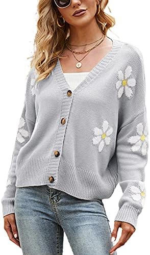 chouyatou Women's Fall Cute Daisy Button Jacquard Knit Cardigan Sweater Jacket (Medium, Grey)