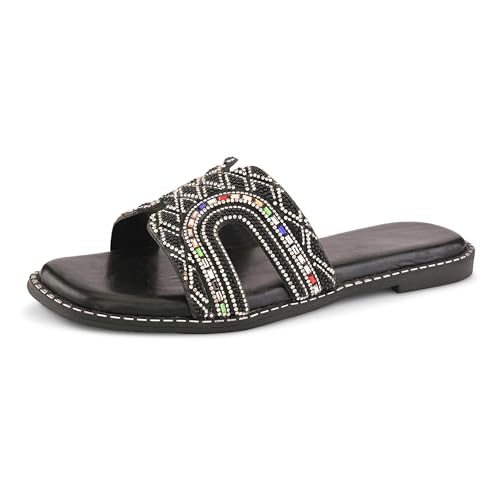 Image of Centrino Women's Beaded Flat Sandals | Stylish Gold Crystal Slip-On with Ornate Cutout Design | Soft Cushioned Footbed |Elegant & Trendy Open Toe Slip-On | Luxury Footwear for Wedding /Party (9301)