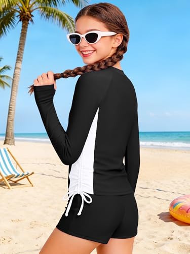 Image of Girls Rash Guard Swimsuit Long Sleeve Swim Shirt with Pockets UPF 50+ 7-16Y | Two Piece Set with Boy Shorts,Swimsuit Top with Side Zip Pockets,Quick-Qrying,Half-Zip & Drawstrings Design,Color Block