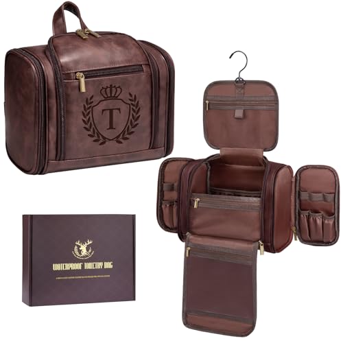 Aganmi Personalized Mens Large Leather Travel Toiletry Bag Hanging Dopp