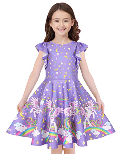 Quedoris Girls Twirly Printed Casual Party Dress Ruffle Sleeve Sky Unicorn Cap L #TOP17