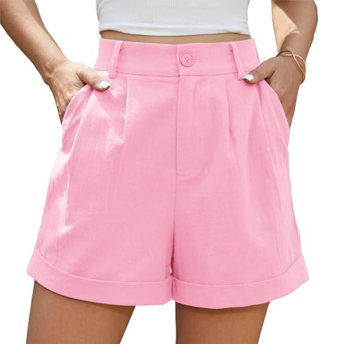 Jouica Womens Casual Cotton Comfy Shorts Elastic Waist Summer Cotton Shorts with Pockets 2024 Fashion Outfits Clothes,Pink,Small