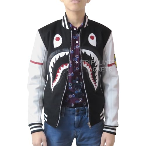 Trifoliate Boys Varsity Jacket – Youth Black Lightweight Applique Shark Mouth Design Real Leather Sleeves Jacket For Kids2