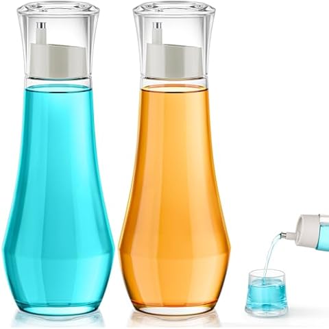 VITVITI Glass Mouthwash Dispenser for Bathroom, 8.8OZ Mouth Wash Container Bottle with Lid Cup, Small Clear Refillable Mouthwash Dispenser Decanter for Countertop, Set of 2 Cover