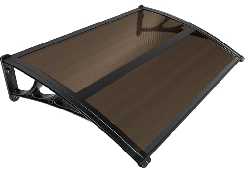 VOUNOT® Pensilina Tettoia per Porta Balcone Esterno, 120x80 cm, Tetto Policarbonato Alveolare Trasparente con Barra Centrale, Marrone