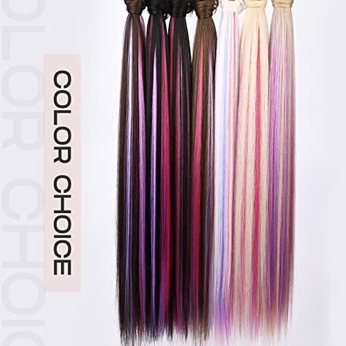 Seikea 28" Long Straight Ponytail Extension Colored Wrap Around Clip In Hair Extensions Ponytail Thick Fake Ponytail Heat Resistant Synthetic Hairpiece For Women Black Brown With Hot Pink & Purple Highlights #TOP6