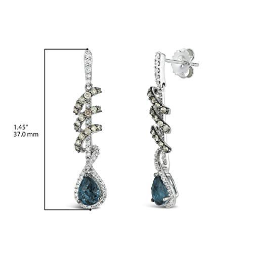 LE VIAN 14K White Gold, Pear Cut Blue Topaz & 1-1/6 Cttw White/Chocolate Diamond 1-1/2" Dangle Stud Earrings (H-I & Fancy Brown Color, SI2-I1 Clarity)3