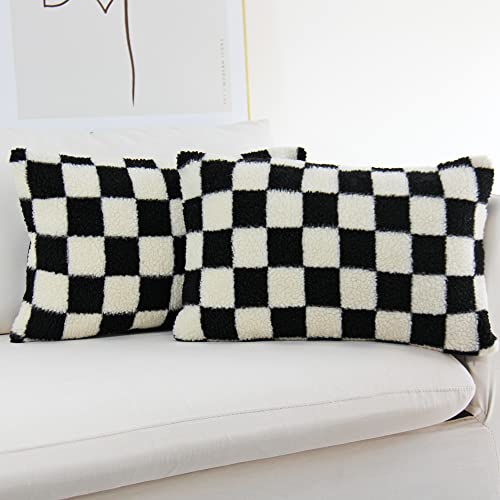JOJUSIS Decorative Lumbar Throw Pillow Covers Luxury Style Checkerboard Pattern Cushion Case Super Soft Faux Fur Wool Pillowcases for Couch Bedroom Pack of 2 (Black, 12 x 20-Inch)