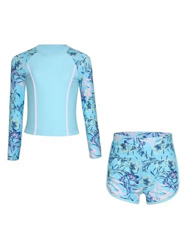 Girls 2 Pieces Rash Guard Swimsuit Long Sleeve Swim Tops with Swim Shorts Bathing Suit