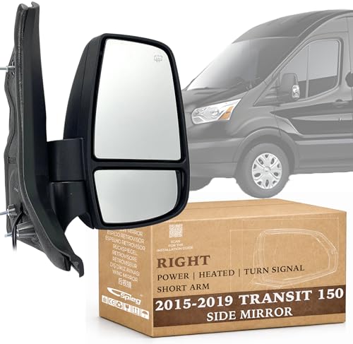 Spieg Passenger Side Mirror for 2015-2019 Ford Transit 150 250 350 Cargo Van Power Adj Heated Turn Signal Manual Fold Short Arm | Textured Black 6 Pins Right FO1321552