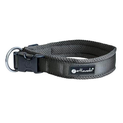 Petlando Hundehalsband Schwarz für mittelgroße Hunde, leicht & weich gefüttert mit atmungsaktivem Mesh, stufenlos verstellbar, langlebig & robust, Größe M (45-50 cm, Breite 4 cm), Halsband Hund breit