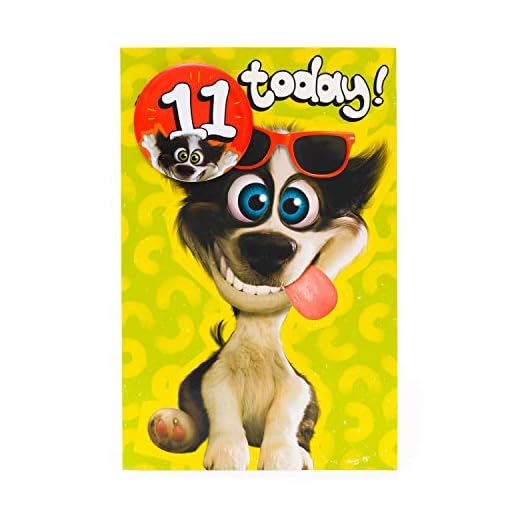 Tarjeta de cumpleaños de 11 años, tarjeta de cumpleaños para niños – insignia incluida – Diseño de perro loco