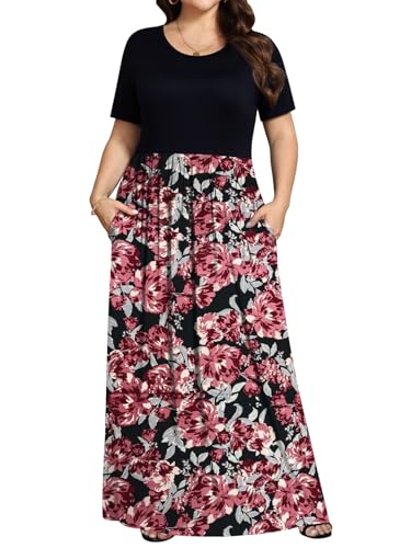 Uiyrofs Womens Plus Size Maxi Dresses for Curvy Women Summer Short Sleeve Long Dress with Pockets 2XL Retro Red Flower