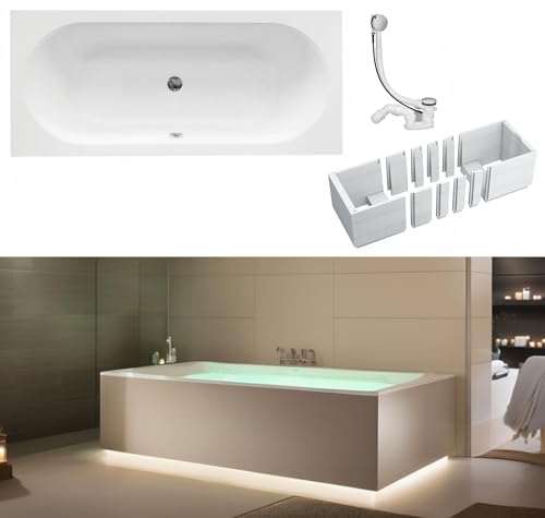 VBChome Badewanne 150 x 75 cm Weiß Acryl Wannenträger Platz für LED-Beleuchtung Styroporträger Siphon Wanne Rechteck Design Modern Ablaufgarnitur in Chrom