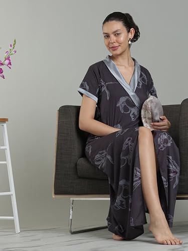 Image of 9shines Label Stylish Cotton Nighty Robe for Women | Front Open Floral Housecoat | Wrap Nighty with Pocket | Adjustable Waist Tie | Plus Size housecoat (HC-2026)