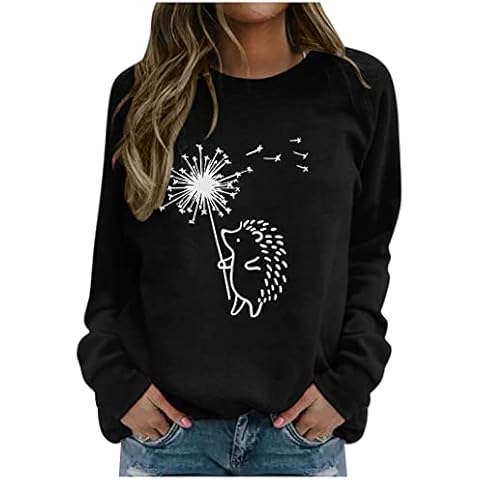 NHNKB Hoodie New Women's Fashion Tops Blouse Hedgehog Print Long Sleeve Hooded Sweatshirt Casual Fashion Blouse Pullover Dress Women's Long Sleeve Autumn, black, L Cover