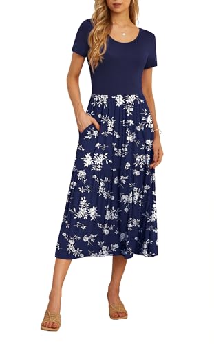 GRECERELLE Women's Summer Casual Short Sleeve Crewneck Tiered Flowy Maxi Long Dress with Pockets (S-2XL)