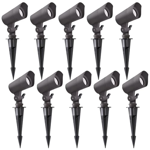 E ENERGETIC LIGHTING LED Landscape Lights with Connectors, 12V Low Voltage, Warm White 3000k, 4W, 175LM, Outdoor Waterproof Garden Pathway Lights Wall Tree Flag Spotlights with Spike Stand, 10 Pack