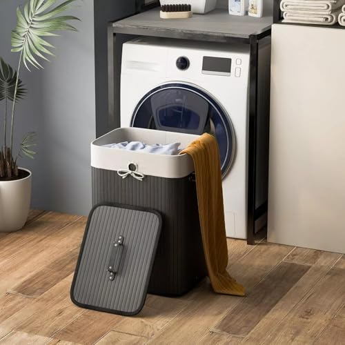 Bamboo Laundry Basket 72L Collapsible Bamboo With 1 Compartment Laundry Hamper Laundry Basket Removable Lining Large Laundry Bins Laundry Hamper with Lid Bamboo Laundry Storage basket (BLACK) - Image 5