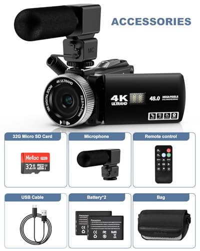 Rawiemy Video Camera Camcorder Full HD 4K 48MP Vlogging Camera for YouTube Digital Camera Recorder Video Camera for Filming with 3.0" Touch Screen,2 Batteries and 32G SD Card