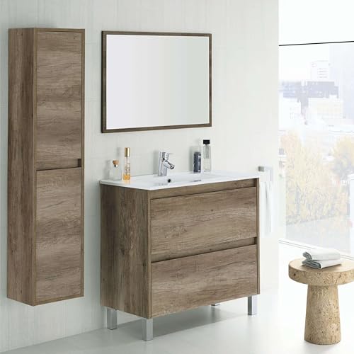 HABITMOBEL Mueble Lavabo CERÁMICO con 2 CAJONES + Espejo Columna Puertas