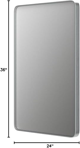 Miniatura 8 de Espejo de baño de plata cepillada, espejo rectangular de tocador con marco de metal de 24 x 36 pulgadas para pared, esquinas redondeadas,