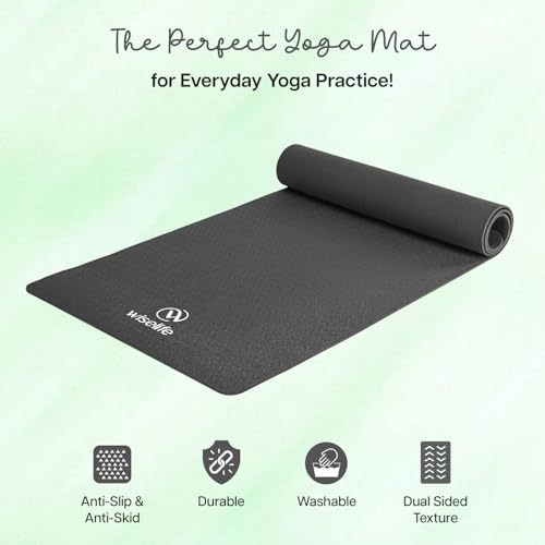 Image of WiseLife Classic Eco-TPE 6MM Yoga Mat with Yoga Strap for Men & Women | Extra Thick, Long & Wide Non-Slip, Anti-Tear Exercise Mat for Home, Gym, Workout, Fitness, Yoga & Pilates (Black)