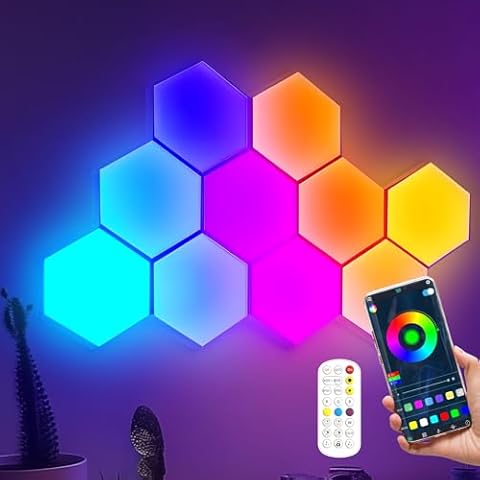 SLARY 10 Pack Hexagon Wall Light RGB Panel, Cool RGB Hexagonal Modular Gaming Lights Home Decor with Smart APP, Music Sync Honeycomb Shape Panels DIY Hexagon Lights for Bedroom Living Room Cover