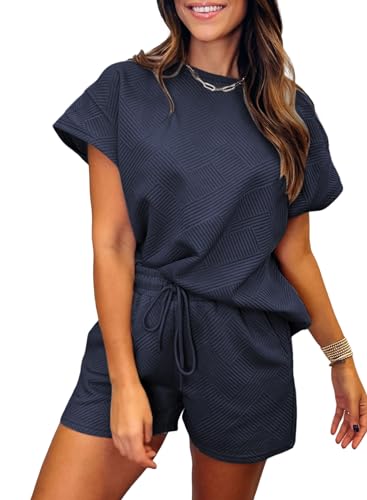 Famulily Womens Shorts Sets Summer Crew Neck T-Shirt and Shorts with Pockets, Ladies 2 Piece Casual Outfits Tracksuits Lounge Wear Sweatsuits (M, Blue)