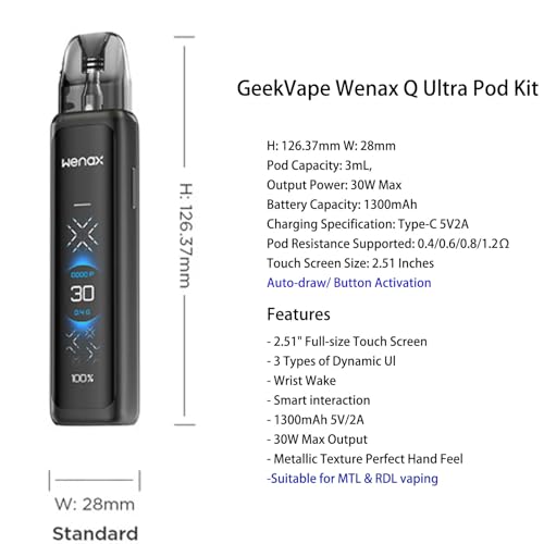 GEEKVAPE Wenax Q Ultra Pod Kit 30W Vape Built in 1300mAh Batterie, mit 3ML Q Pod Cartridge 0.4/0.8ohm E-Zigarette Vaporizer, 2.51 Zoll Full Size Touchscreen, kein Nikotin (Schwarzer Kohlenstoff)