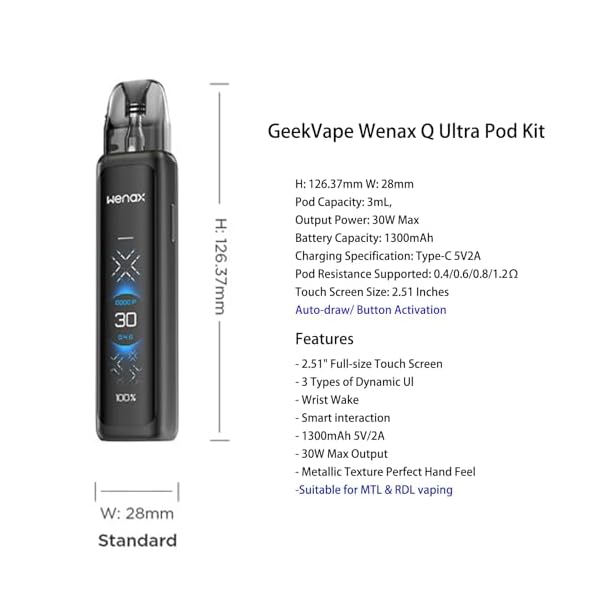 GEEKVAPE Wenax Q Ultra Kit Intégré 1300mah Batterie Avec 3ml q Pod Cartouche 0.4/0.8ohm Vaporisateur De Cigarette Écran Tactile Pleine Grandeur De 2,51 Pouces Sans Nicotine (Argent dépoli)