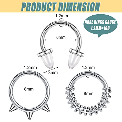 Bodyace 16G Agate Stone Septum Nose Rings, Surgical Steel Conch Helix Cartilage Hoop Rook Earrings, Punk Hinged Segment Rings Body Piercing Jewelry For Men Women (B:4Pcs Nose Rings) #TOP1