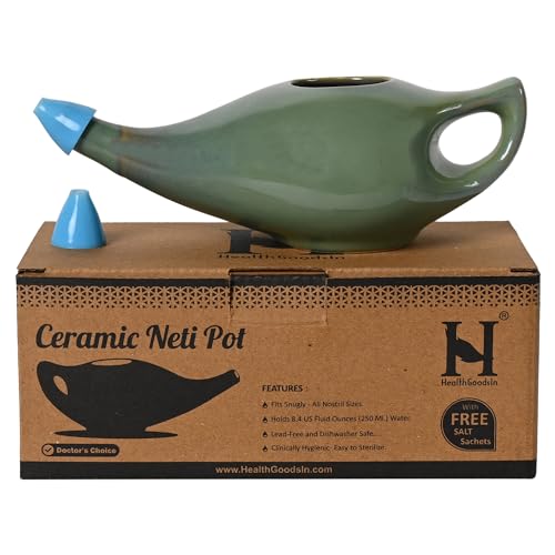 HealthGoodsIn Ceramic Neti Pot Premium Handcrafted Durable Dishwasher Safe with 2 Silicone Nozzle Tip 225 Ml. (7.6 FL Oz) Capacity (Elegant Green)