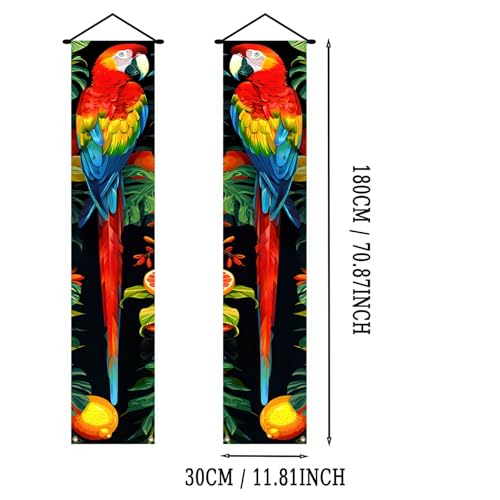 Image of BlissYard 2pcs Spring Summer Door Banner Hawaiian Tropical Parrot Porch Sign Banner Tropical Floral Colorful Parrot Wall Hanging Banners for Outdoor Summer Tiki Bar Decor Party Supplies