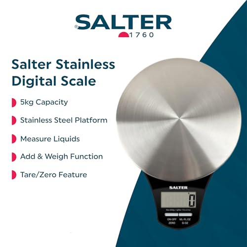 Salter 1035 SSBKDR Digital Kitchen Scale – Electronic Baking Scale with Stainless Steel Platform, Accurate Food Weighing Scales, 5KG Maximum Capacity, Measure Liquids, Add & Weigh/Tare Function, Black - 2