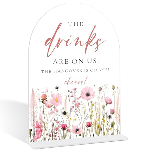 Wedding Bar Sign, Pink Flower Style Acrylic Arch Sign With Base, Flower Bar Supplies, Home Bar Decor, Party Supplies, Bridal Shower Centerpieces For Tables, Wedding Reception Decorations-15
