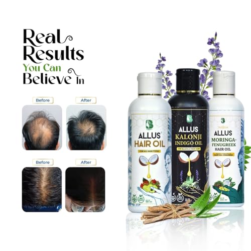 Allu's Hair Oil Allus Hair Oil|Allus Kalonji Indigo Oil|Allus Moringa-Fenugreek Hair Oil|For Men & Women & Children|Control Hair Fall & Dandruff - 100Ml X 3
