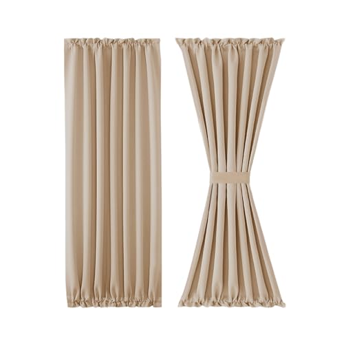 Image of DWCN French Door Curtains - Rod Pocket Thermal Blackout Curtain for Doors with Glass Window, Kitchen and Patio Doors for Privacy, 54 X 72 Inches Long, 1 Curtain Panel with Tieback, Beige