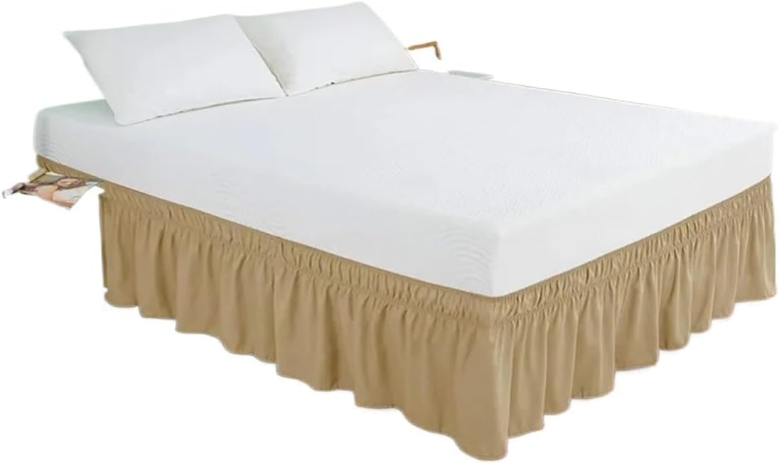 Bed Skirt Valance For Bed,Dust Ruffle Solid Color Wrap Around Ruffled Skirt With Strong Elastic -Fade Resistant Fabric 15 Inch High(Khaki,180x200x38cm)