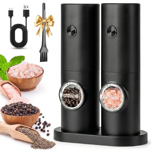 2Pcs Electric Salt and Pepper Grinder Set with Base, Battery Powered with Adjustable 5 Levels of Coarseness Salt and Pepper Grinder Mill(Black) - Image 4