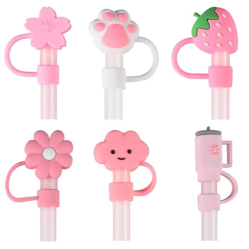 6pcs Silicone Straw Covers Cap for Stanley Cup Cute Reusable Pink Straw Toppers 10mm 0.4inch Compatible for Stanley 30 & 40 Oz Tumblers