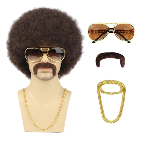 TUOFLY Men Afro Wig With Glasses Necklace Mustache and Wig Cap 70s Brown Natural Fluffy Afro Disco Wig Curly Synthetic Hair Wig for Halloween Chrismas Cosplay Party