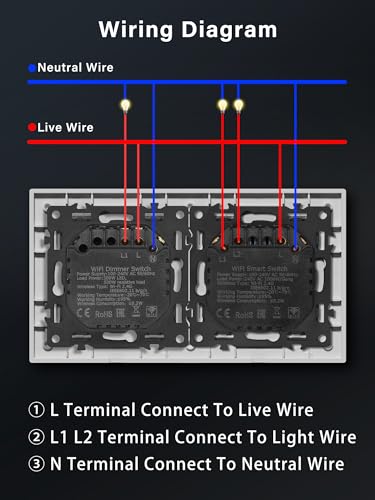 BSEED Smart Lichtschalter mit WiFi Dimmer Schalter,LED Dimmschalter Unterputz,Kompatibel mit Amazon Alexa&Google Home,Smarte Zeitpl&auml;ne,2 Fach 1 Weg Wlan Wandschalter Wei&szlig;(Neutralleiter Erforderlich)
