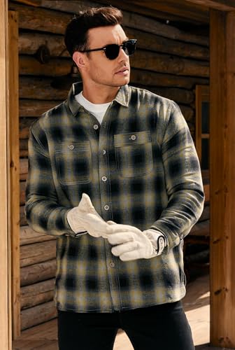 VOGSTART Mens Gentle Fashion Shacket Heavy Winter Button Shirt Fleece Lined Flannel Thermal Warm Chest Pocket Jacket Black and Yellow L