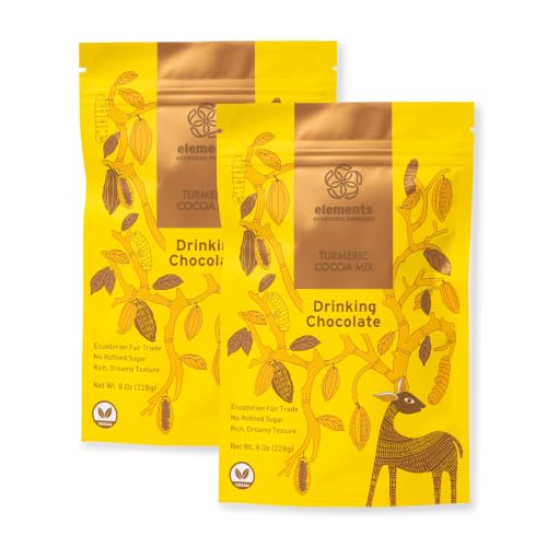 Elements Turmeric Hot Chocolate Mix | Organic Ceremonial Cacao | European Style Drinking Chocolate | Ayurvedic Adaptogens Turmeric | No Corn Starch | Coconut Sugar Sweetened | Vegan | 24 Servings